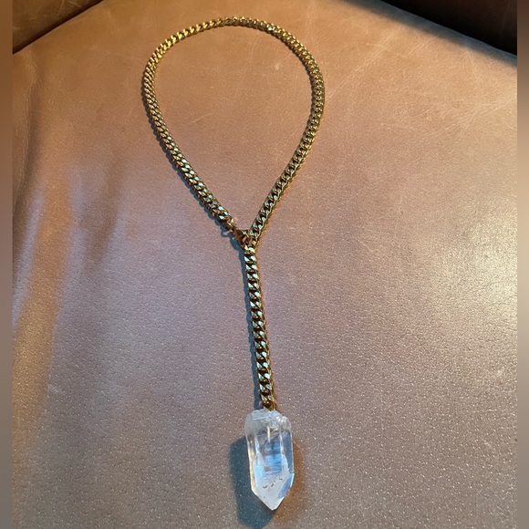 ashaloo Jewelry - Crystal quartz lariat necklace adjustable gold plated curb chain boho layering